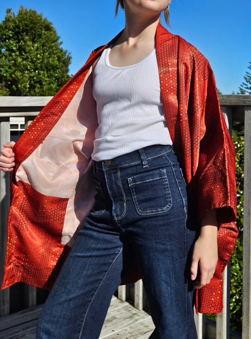 Crimson Gold Geometry - Silk Haori Jacket