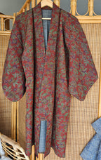 Deep Red Brocade with Floral Motif long Haori - Updated Fit