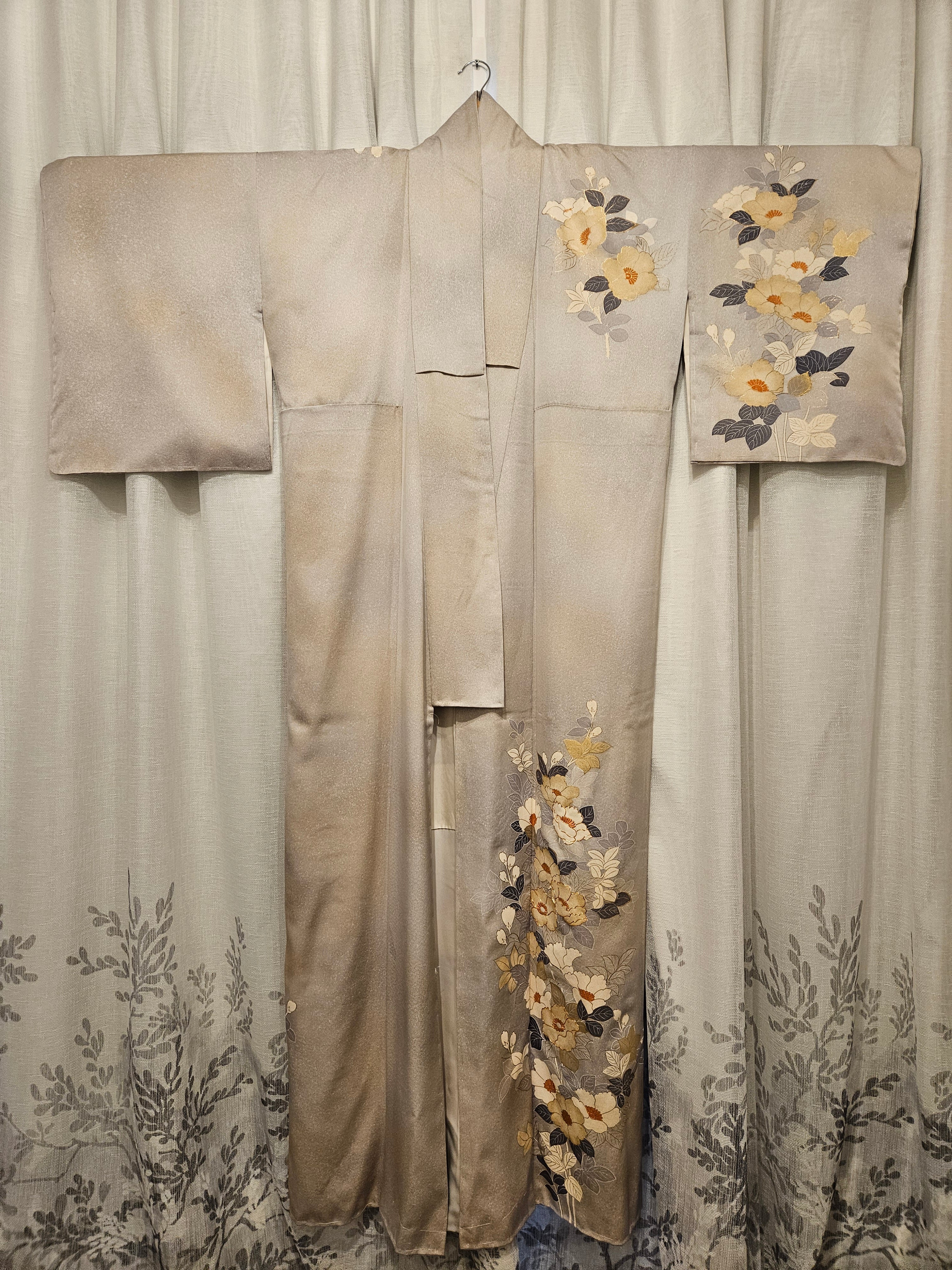 Ivory Silk with Gold Leaf Stitching and Hand-Painted Florals - Formal Kimono