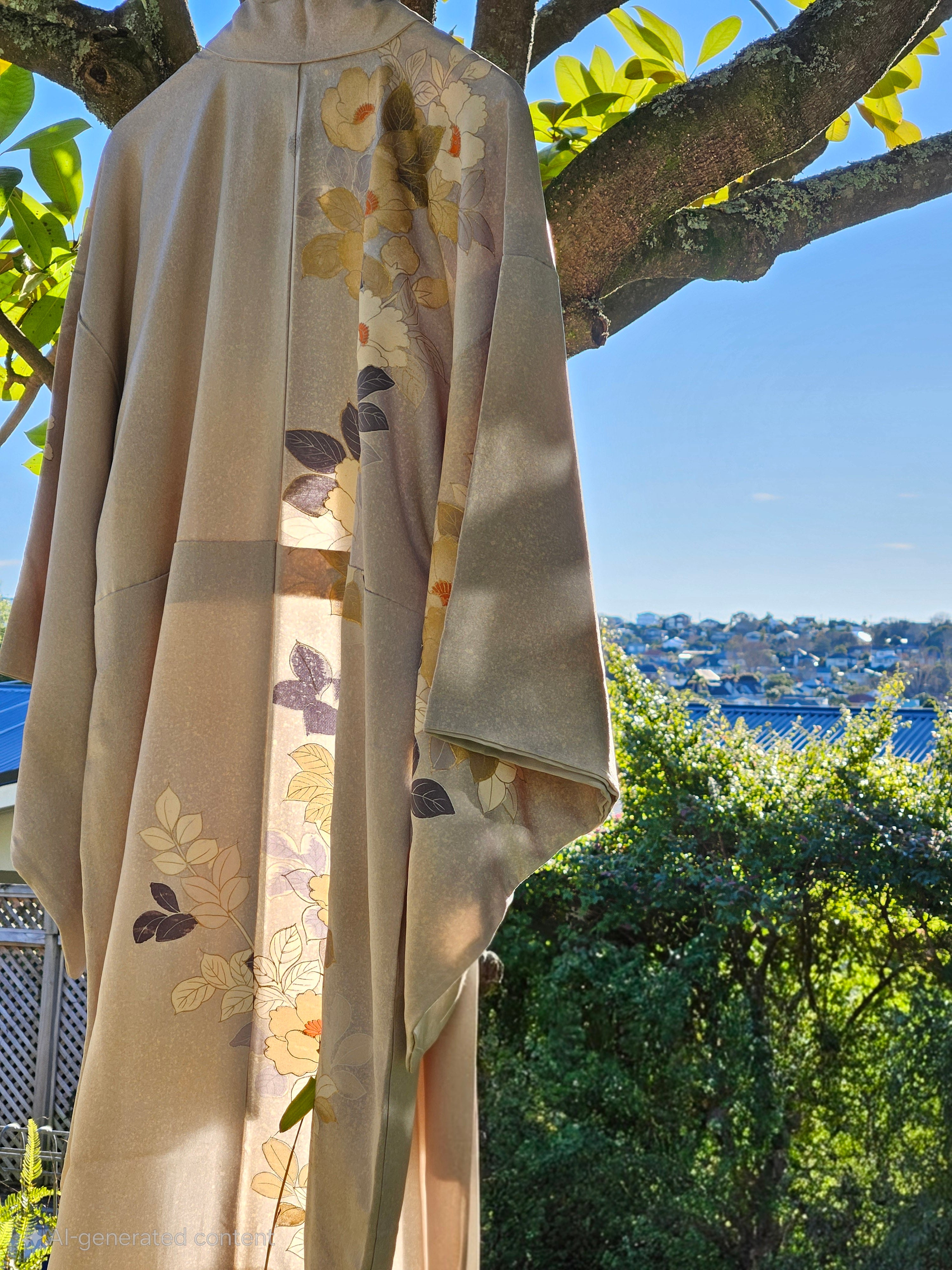 Ivory Silk with Gold Leaf Stitching and Hand-Painted Florals - Formal Kimono