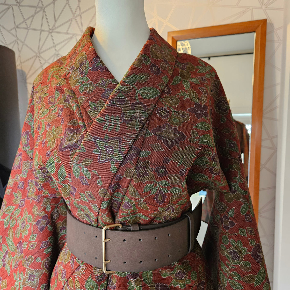 Deep Red Brocade with Floral Motif long Haori Coat- Updated Fit