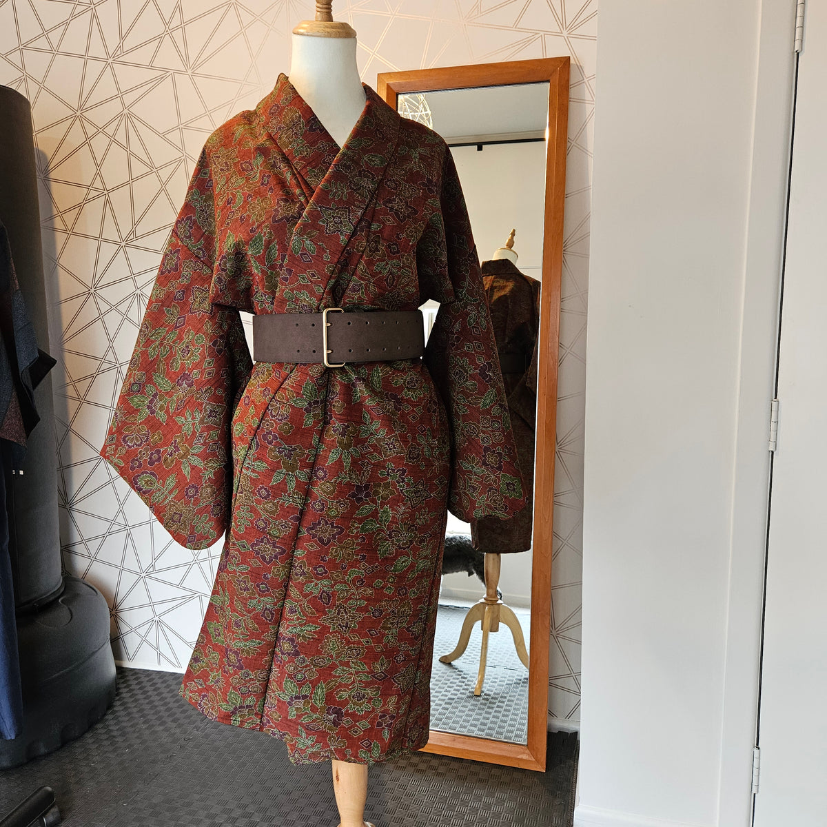 Deep Red Brocade with Floral Motif long Haori Coat- Updated Fit