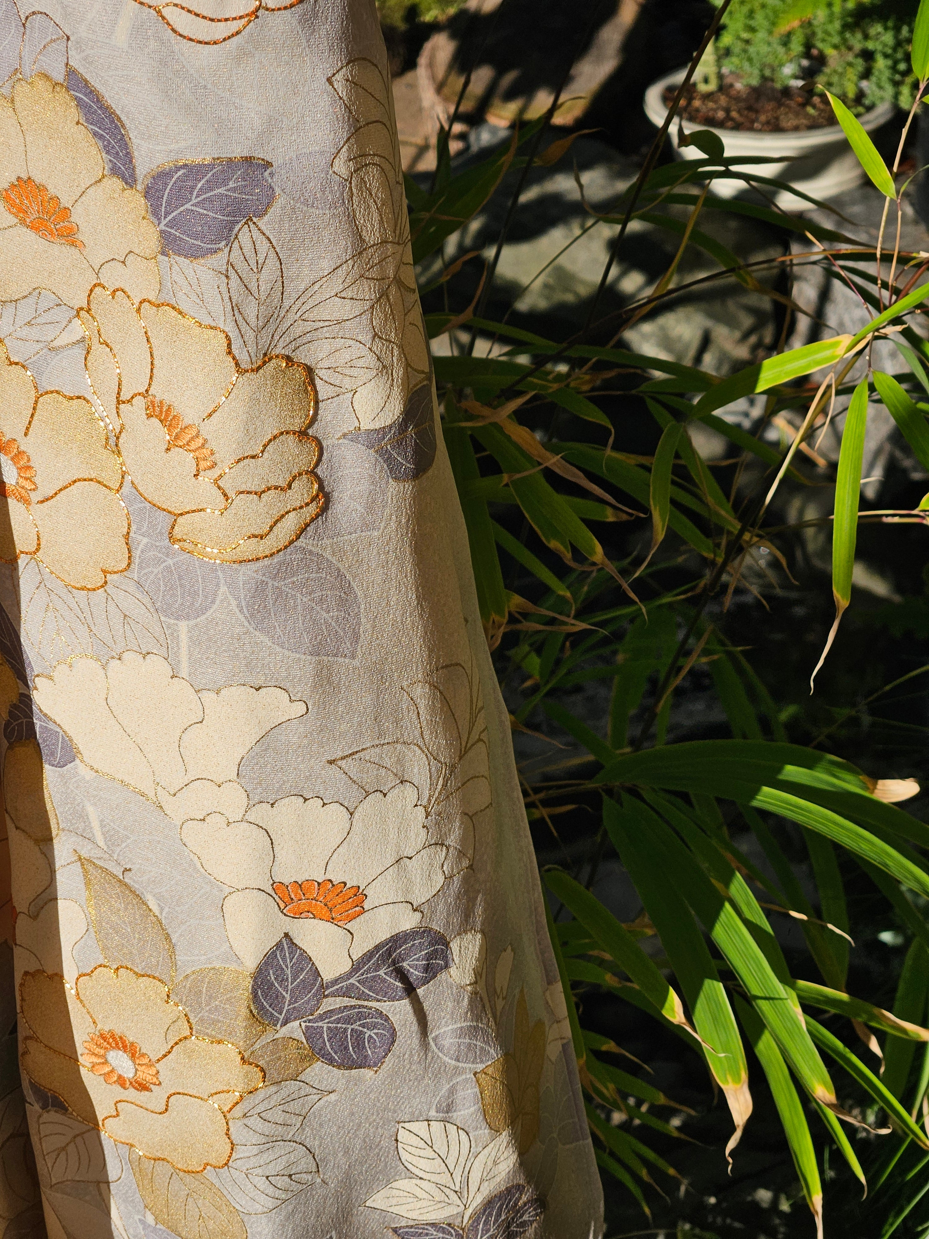 Ivory Silk with Gold Leaf Stitching and Hand-Painted Florals - Formal Kimono