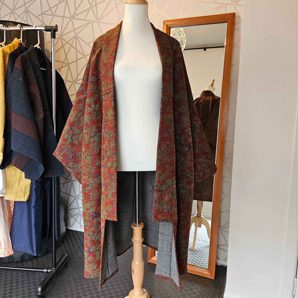 Deep Red Brocade with Floral Motif long Haori Coat- Updated Fit