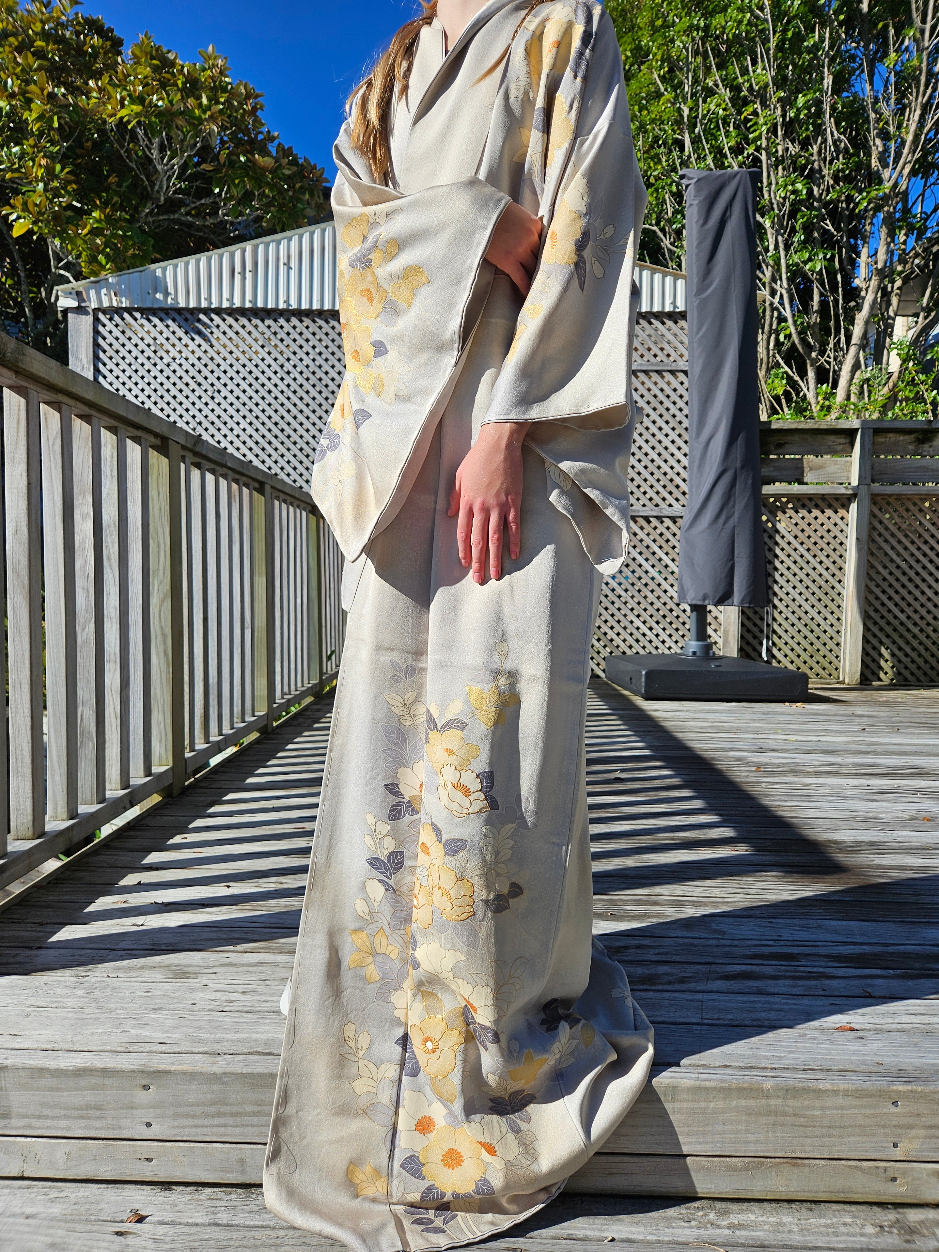 Ivory Silk with Gold Leaf Stitching and Hand-Painted Florals - Formal Kimono