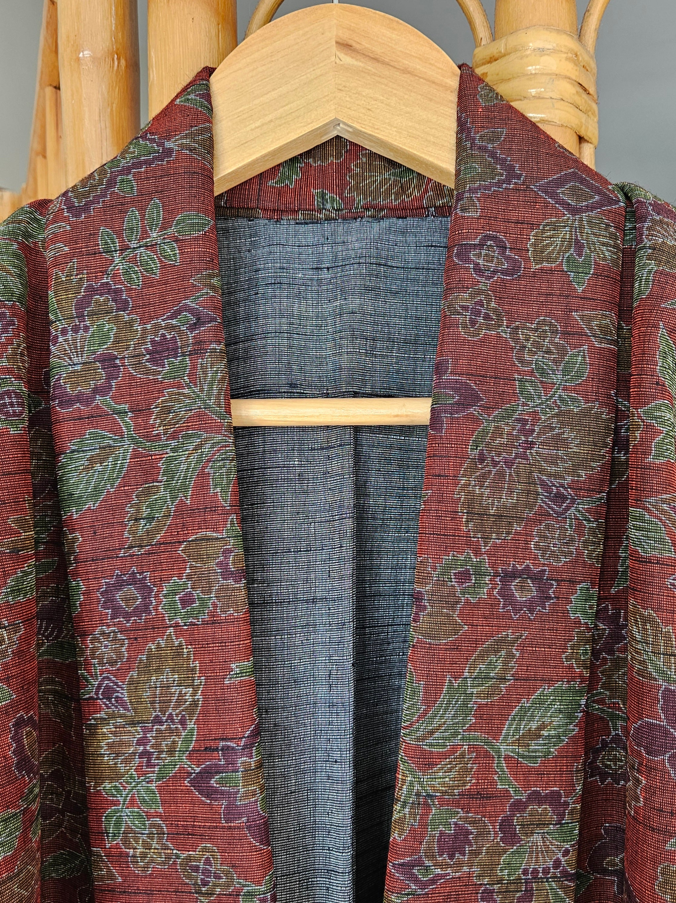 Deep Red Brocade with Floral Motif long Haori - Updated Fit